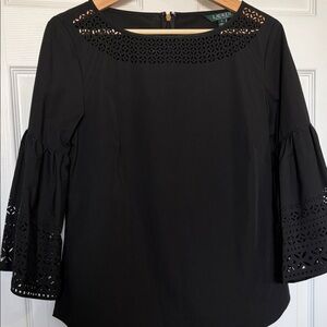 Lauren Ralph Lauren Black Laser-Cut Bell Sleeve Blouse